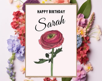 Personalised Happy Birthday Card Flowers card for mum nanny nan granny grandma auntie aunt for her ranunculus