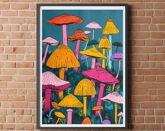 Mushroom print for home A5 A4 A3 cute cottage core fall halloween orange forest wall art fungi cosy cozy Home Decor colourful