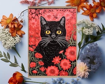 Black Cat Greetings Card  birthday thank you card for her for him general flowers floral