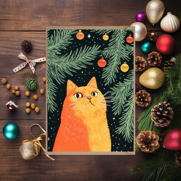 Cat Christmas Card  Christmas Tree for her for him for child sister friend mum animal gift shifty cat cheeky