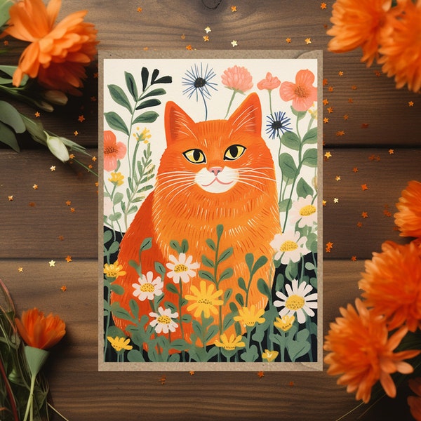 Ginger Cat Greetings Card  birthday thank you card for her for him general flowers floral