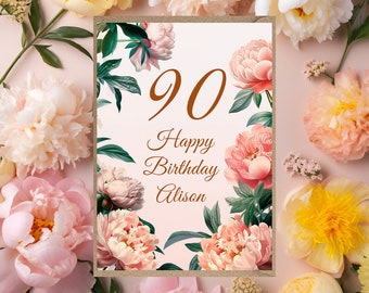 Personalised 90th Birthday Card flowers floral card for mum nanny nan granny grandma auntie aunt