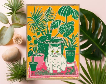 Cat & Houseplants Greetings Card  birthday thank you card for her for him general floral flowers orange houseplants