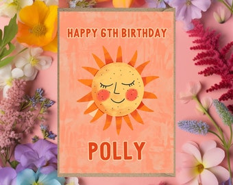 Personalised 6th Happy Birthday Card sun card for child daughter niece friend granddaughter