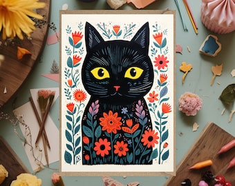 Black Cat Floral Greetings Card  birthday thank you card for her for him general flowers