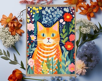 Ginger Cat Greetings Card  birthday thank you card for her for him general floral flowers orange