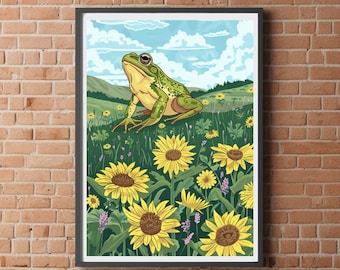 Frog in a spring meadow print for home A5 A4 A3 cute funny floral happy guy wall art cosy cozy Home Decor flowers