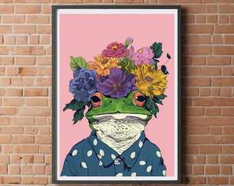 Frog and flowers print for home A5 A4 A3 cute funny floral happy guy wall art cosy cozy Home Decor floral flower crown