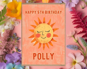 Personalised 5th Happy Birthday Card sun card for child daughter niece friend granddaughter