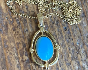 Vintage Necklace - Gold Plated Pale Blue Pendant on Thin Gold Chain