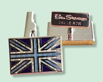 Genuine Ben Sherman Silver Plated Union Jack Design Cufflinks in Blues - Made in UK