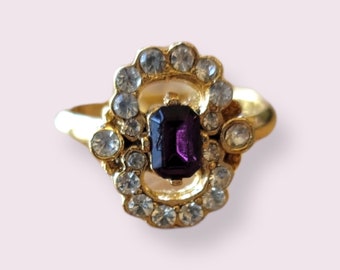 Genuine Vintage Gold-Plated Adjustable (7.5 /9) Swarovski Crystal Ring - Oval Amathyst Center Stone