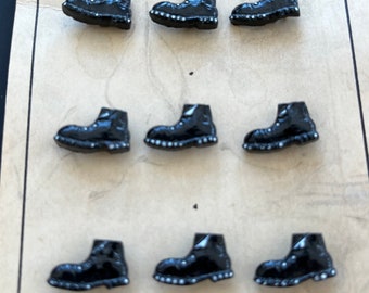 Vintage Buttons 12 Black Glass Hand Painted Boot Shaped Buttons - Czechoslovakia