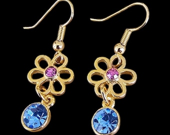 Vintage Gold-Plated Drop/Dangle Earrings with Blue Stone - For Pierced Ears - Made in UK 1980's