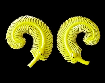 Yellow "Single Feather" Clip on Earrings with Yellow Glass Stone - 1960's - Made in Germany
