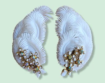 Vintage Earrings - 1960's White Feather Clip on Earrings with Swarovski Crystal Flowers