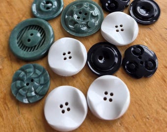 Vintage Button Packs - 16 Mixed Black/White & Gray Casein Buttons