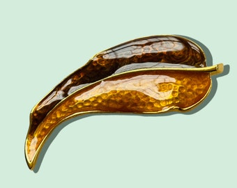 Genuine Vintage Gold-Plated Painted Leaf Brooch