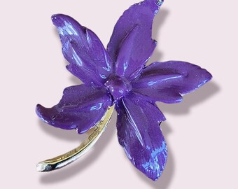 Genuine Retro Vintage 18K Gold Plated Painted Enamel Purple Flower Brooch - Made in the UK