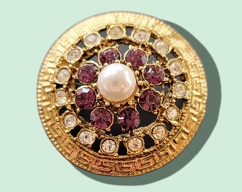 Genuine Vintage Gold-Plated Domed Brooch - Garnet Color & Clear Crystals with Faux Pearl Center