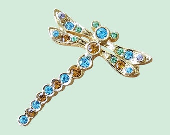 Vintage Brooch - Vintage 1980's Gold-Plated Dragonfly Pin with Crystals - Made in UK