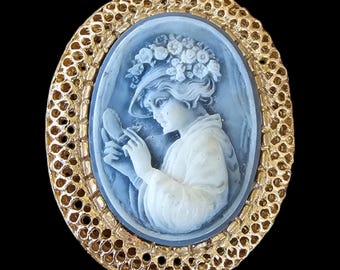 Vintage Brooch - 18K Gold Plated Cameo Brooch Lady with Mirror (blue) - Made in UK 1980's