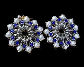 Vintage Faux Pearl & Blue Stone Earrings for Pierced Ears - UK 80's