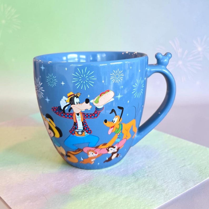 Vintage Hong Kong Disneyland Mickey Mouse & Friends Blue Ceramic Coffee Mug Cup image 1
