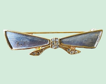 Vintage Brooch - Vintage 1980's Gold-Plated Bow Shaped Pin with Tiny Crystals - Made in UK