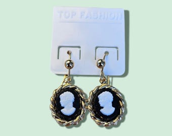 Vintage Gold-Plated Black & White Cameo Drop Earrings - For Pierced Ears - Made in UK 1980's