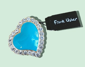 Genuine Retro Vintage 18K Gold Plated Frank Usher Heart Brooch (turquoise) with Diamante Stones - Made in the UK