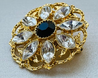 Genuine Vintage Gold-Plated Pin with Marquise Crystals & Black Glass Stone