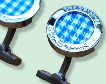 Genuine Ben Sherman Polished Metal Blue Gingham Fabric Cufflinks -Made in UK