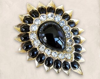 Genuine Retro Vintage 18K Gold Plated & Glass Brooch with Diamante Stones - Made in the UK