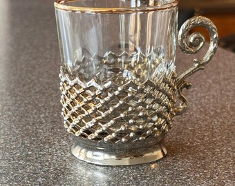 Set of 6 Turkish Style Glass Tea or Coffee cut with Ornate Silver Base & Handle