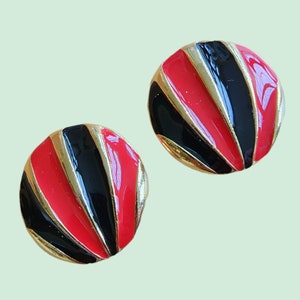 Vintage Earrings - 1980&#39;s 18K Gold Plated Red/Black Round Enamel Clip on Earrings - Made in UK