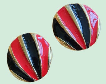 Vintage Earrings - 1980's 18K Gold Plated Red/Black Round Enamel Clip on Earrings - Made in UK