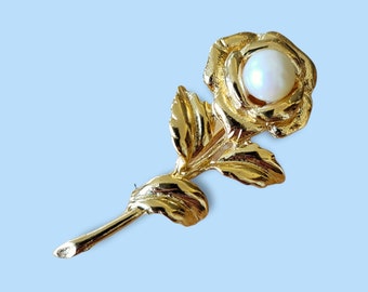 Genuine Vintage Gold-Plated Flower Brooch with Faux Pearl Center