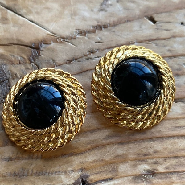 Vintage Earrings - Gold Plated Rope Design Clip-on Earrings with Black Stone