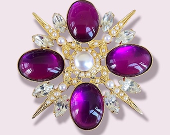 Genuine Retro Vintage 18K Gold Plated Glass Maltese Cross Brooch with Faux Pearls & Diamante Stones - Made in the UK