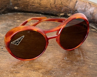 Vintage Sunglasses - 1970's Oversized Burnt Orange Color "Selecta" Frame, Brown Glass Lens - France