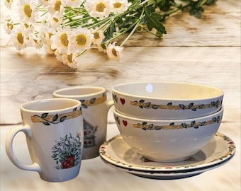 Vintage Thompson Pottery "Birdhouse" 6 Piece Breakfast set (bowl, mug & plate)