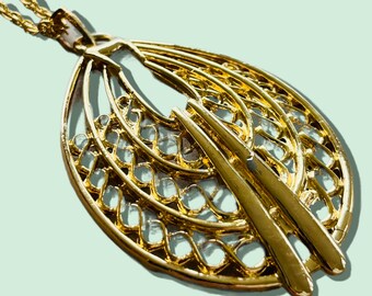 Genuine Vintage Gold-Plated Oval Charm Long Necklace with Spring Ring Closure