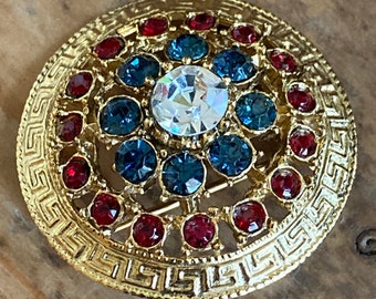 Genuine Vintage Crystal Domed Brooch - Ruby Red & Saphire Blue Stones