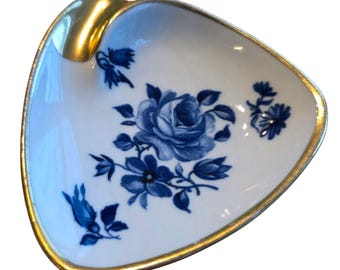 Vintage Handmade Real Cobalt Porcelain Trinket Dish 22 Karat Gold Edge