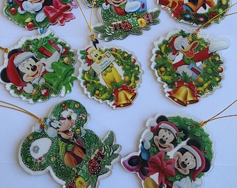 Eight Vintage Clear Lucite Disney Character Christmas Tree Hanging Ornaments