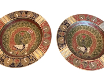 Two Vintage Brass Decorative Ashtray/Plates, Peacock Design - Made in India