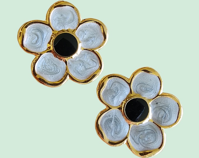 Featured listing image: Vintage Earrings - 1980's 18K Gold Plated Silver/Black Enamel Flower Clip on Earrings