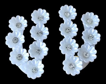 Vintage White Flower Clip on Earrings with Crystal Center Stones - 1960's - Made in Germany