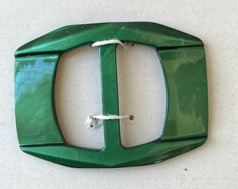 Genuine Vintage Casein Emerald Green Carved Belt Buckle - Made in France